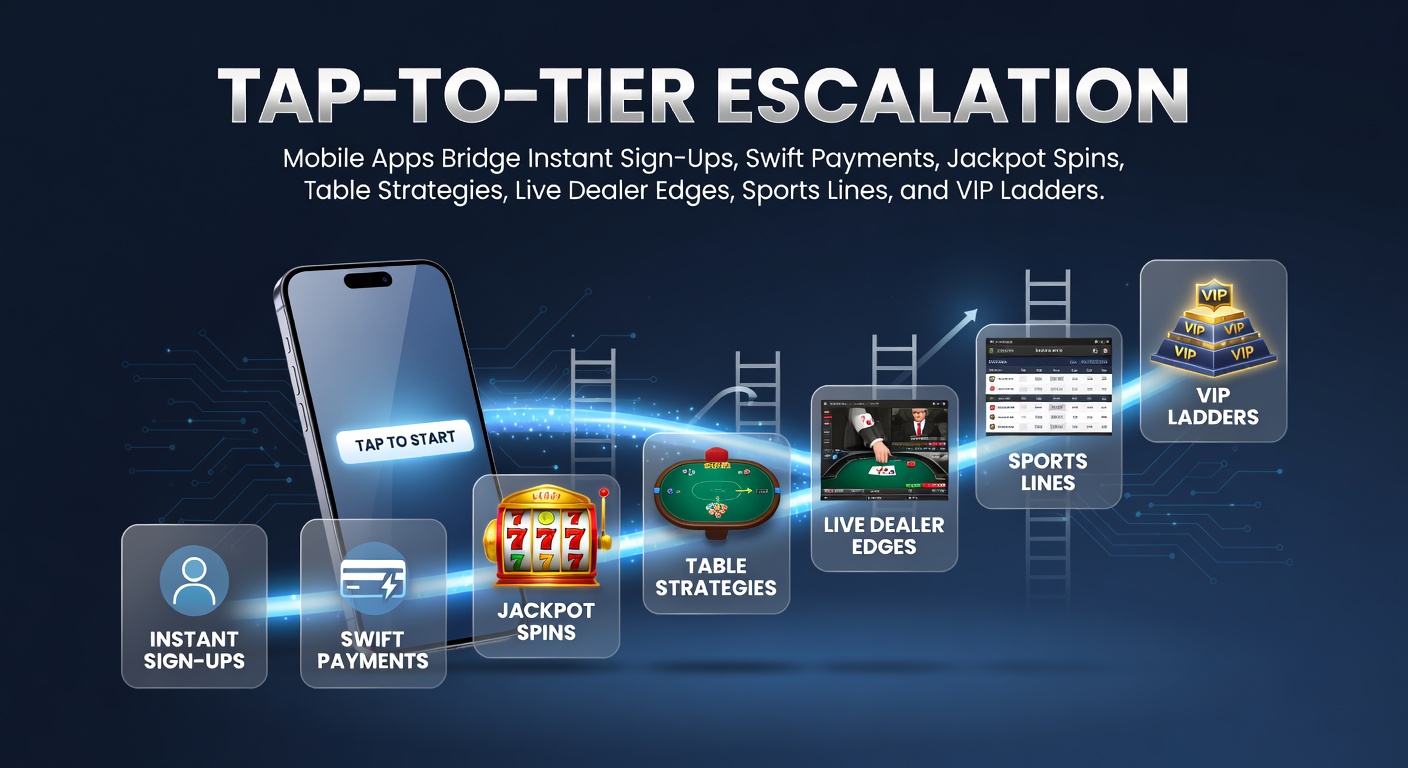 Smartphone mit Casino-App im Vordergrund, das nahtlose Übergänge von Anmeldung zu VIP-Leveln zeigt, umgeben von Symbolen für Zahlungen, Slots und Sportwetten