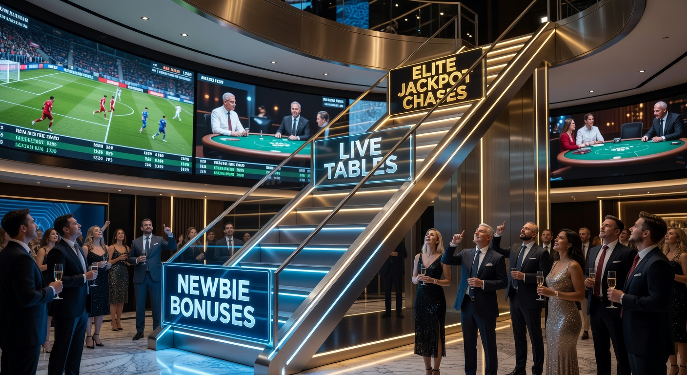 Grafik einer aufsteigenden VIP-Leiter mit Symbolen für Boni, Live-Tische und Sportwetten, die den Weg vom Anfänger zum Elite-Spieler darstellt